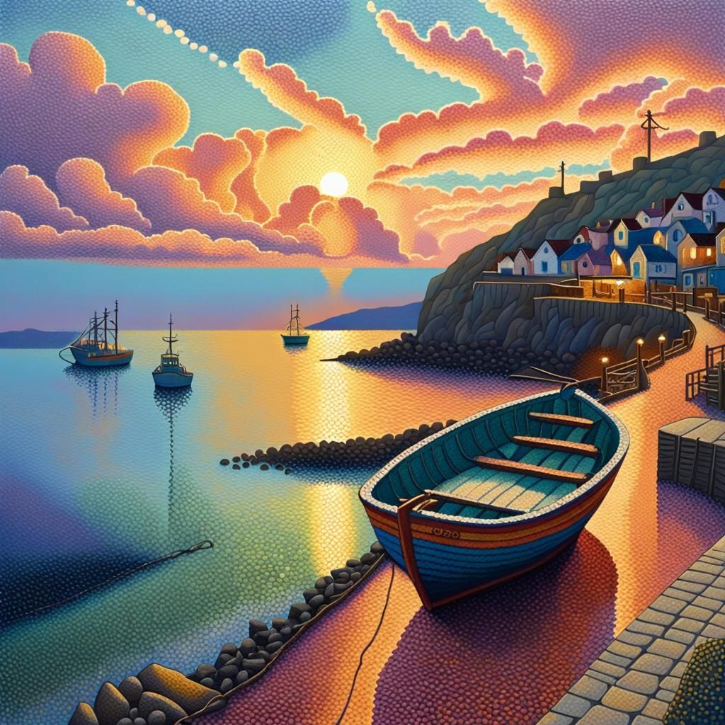 Pointillism, small fishing village