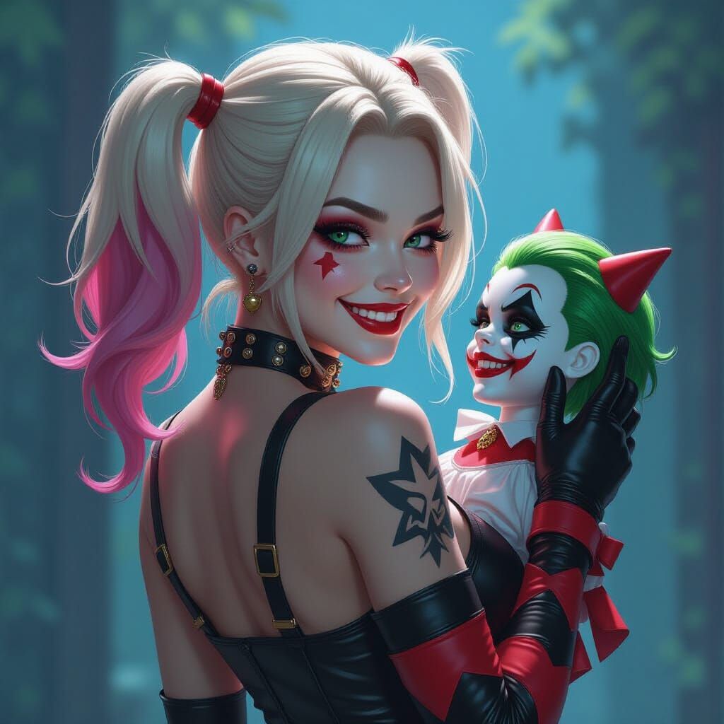 Asian Harley Quinn Grins Mischievously Holding Joker Doll
