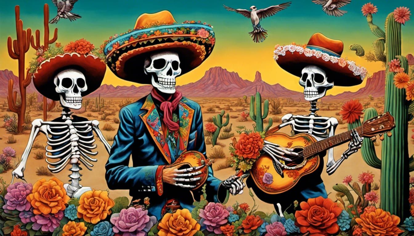 Grateful Dead Musicians in Mexican Desert, Hyperrealistic Ar...