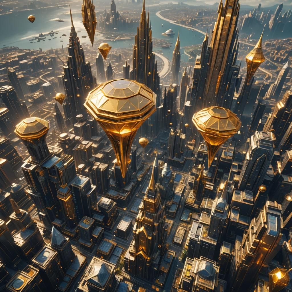 Futuristic Golden City Floating in Sky: Fantasy Concept Art