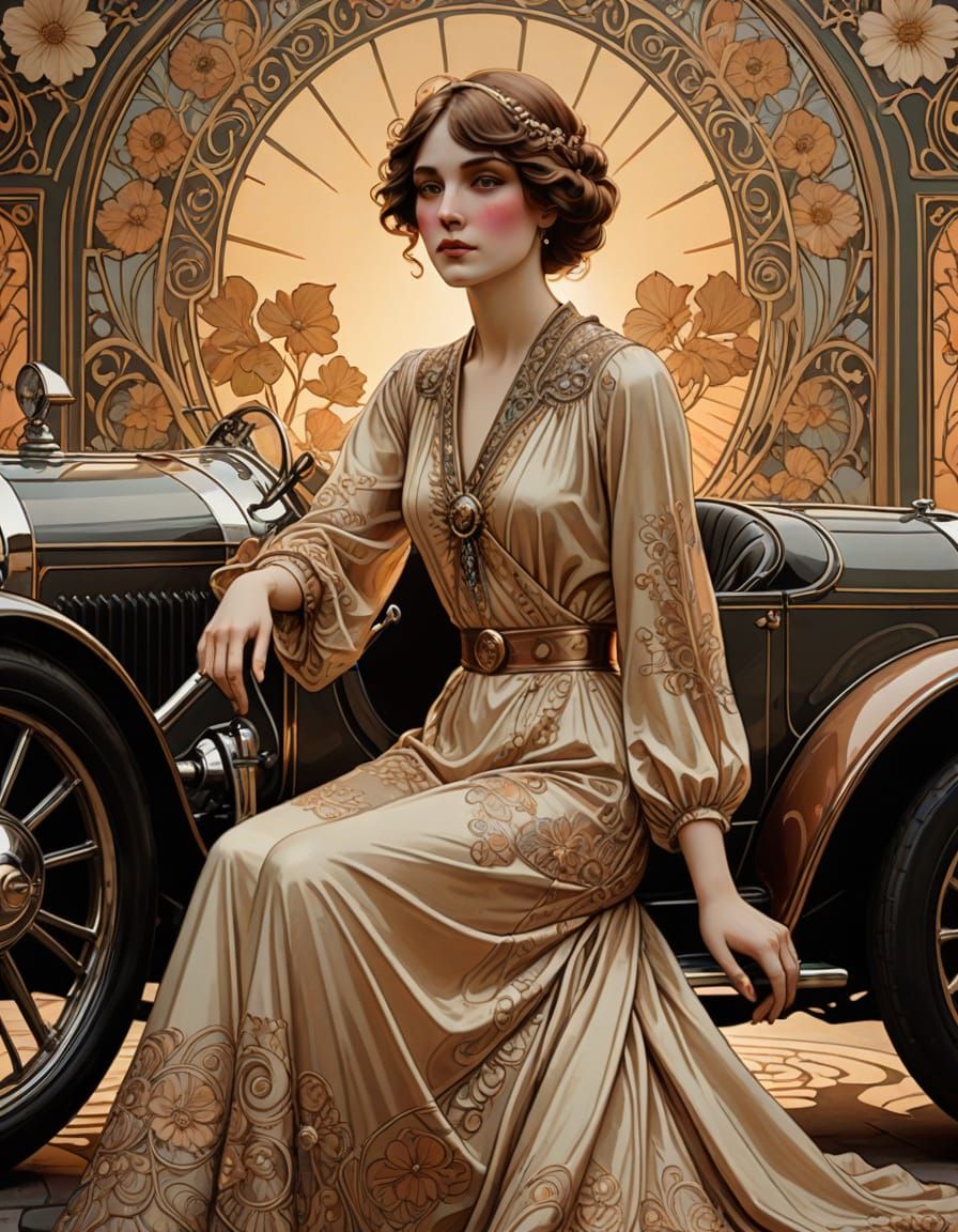 Elegant Woman Posing Next to a Vintage Car in Art Nouveau St...