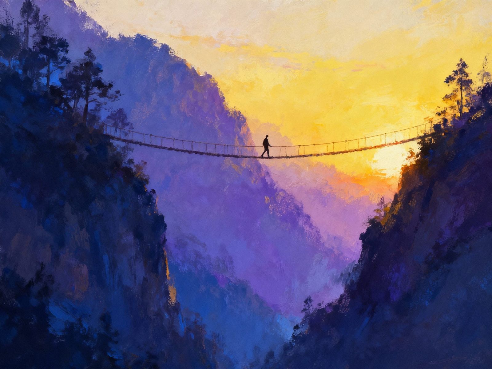 Oil Painting of Figure on Rope Bridge at Sunset