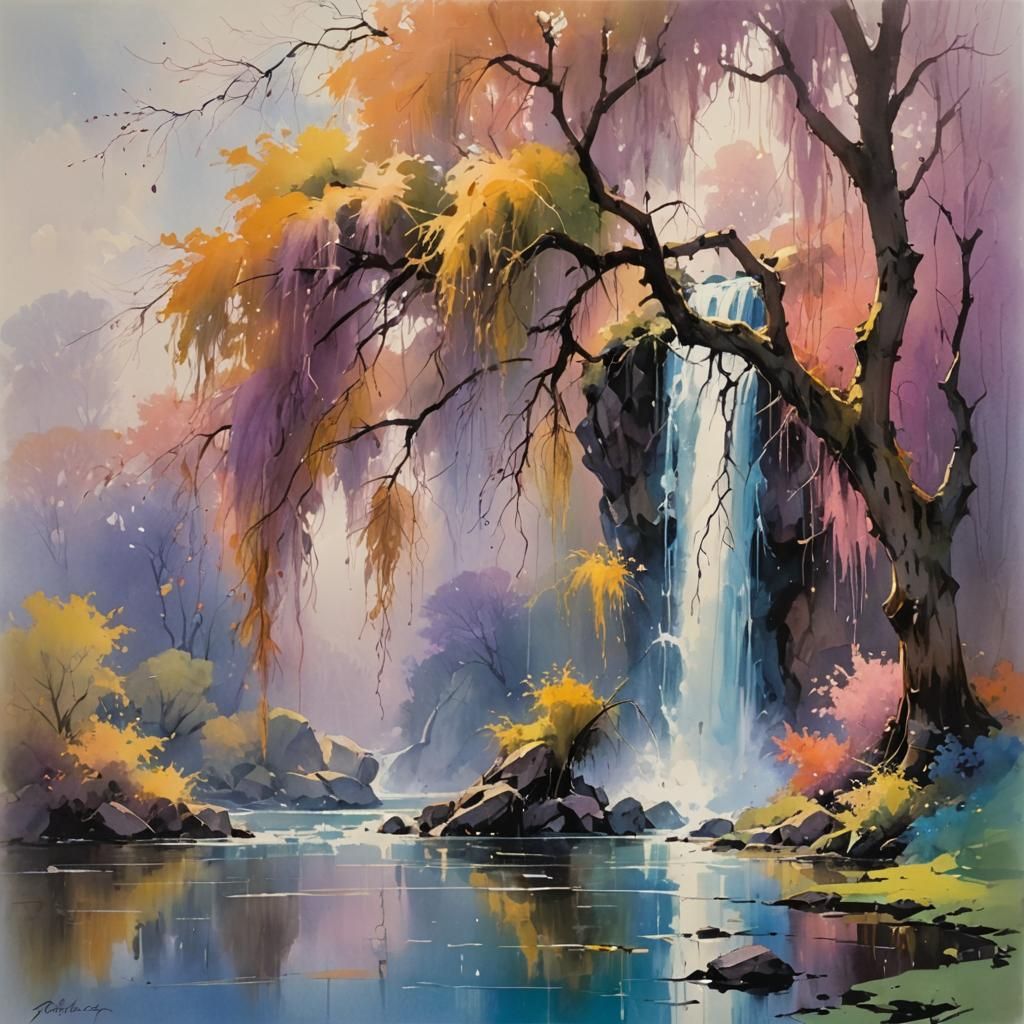 Weeping Willow Waterfall in Watercolor Style