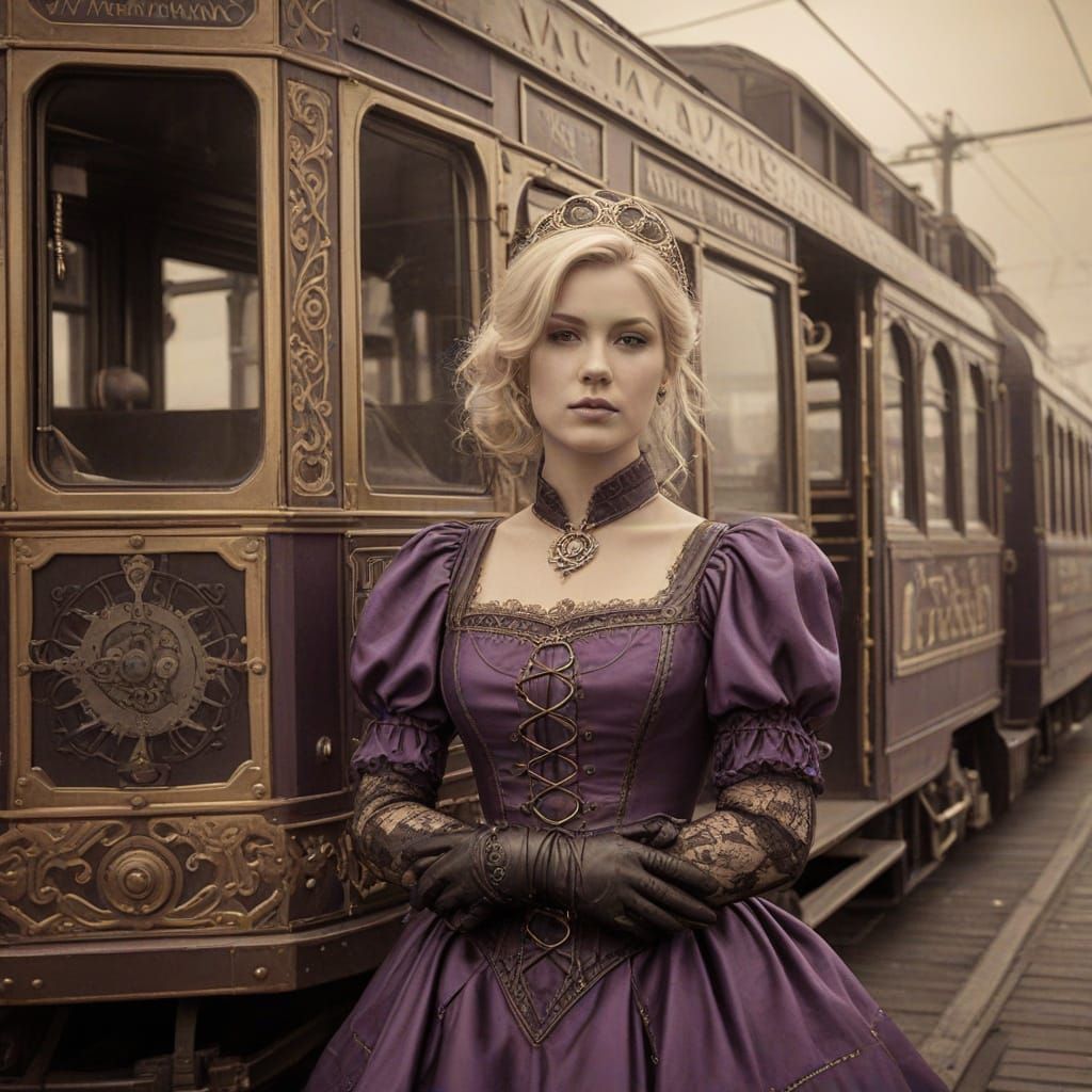 Steampunk Beauty Poses Before Victorian Tram