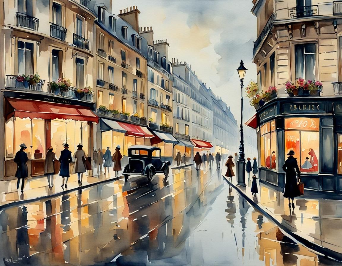 Rainy Paris Street in Spring Watercolor