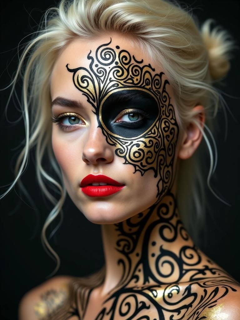 Woman with Elaborate Body Paint in Hyperrealistic Style
