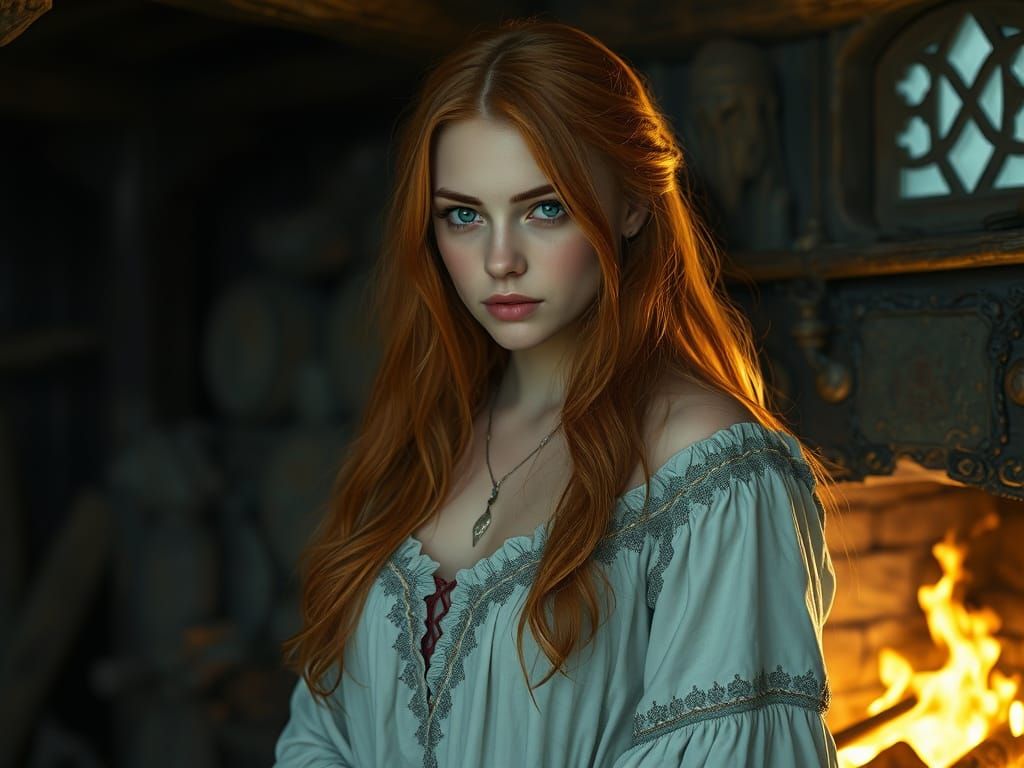 Viking Woman in Fiery Nighttime Sanctuary