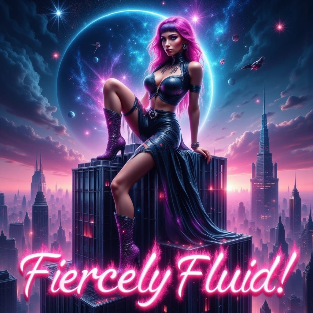 Ethereal Magic in Neon: Androgynous Figure in Futuristic Sky...