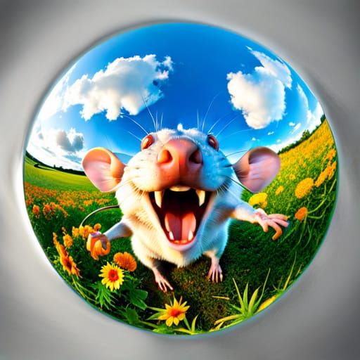 Cartoon Rat Attacks Camera with Fisheye Lens