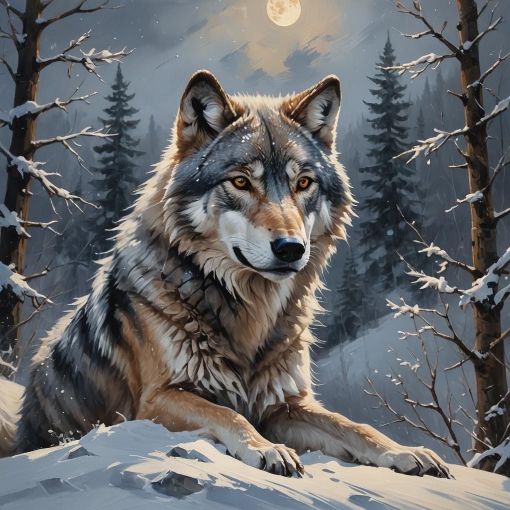 Wolf Portrait in Snow, Oil Painting Style