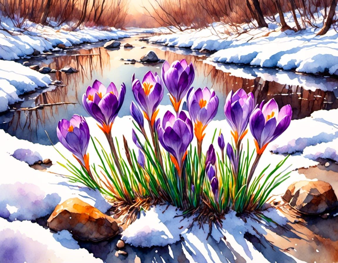 Crocus Flowers Bloom in Spring Watercolor