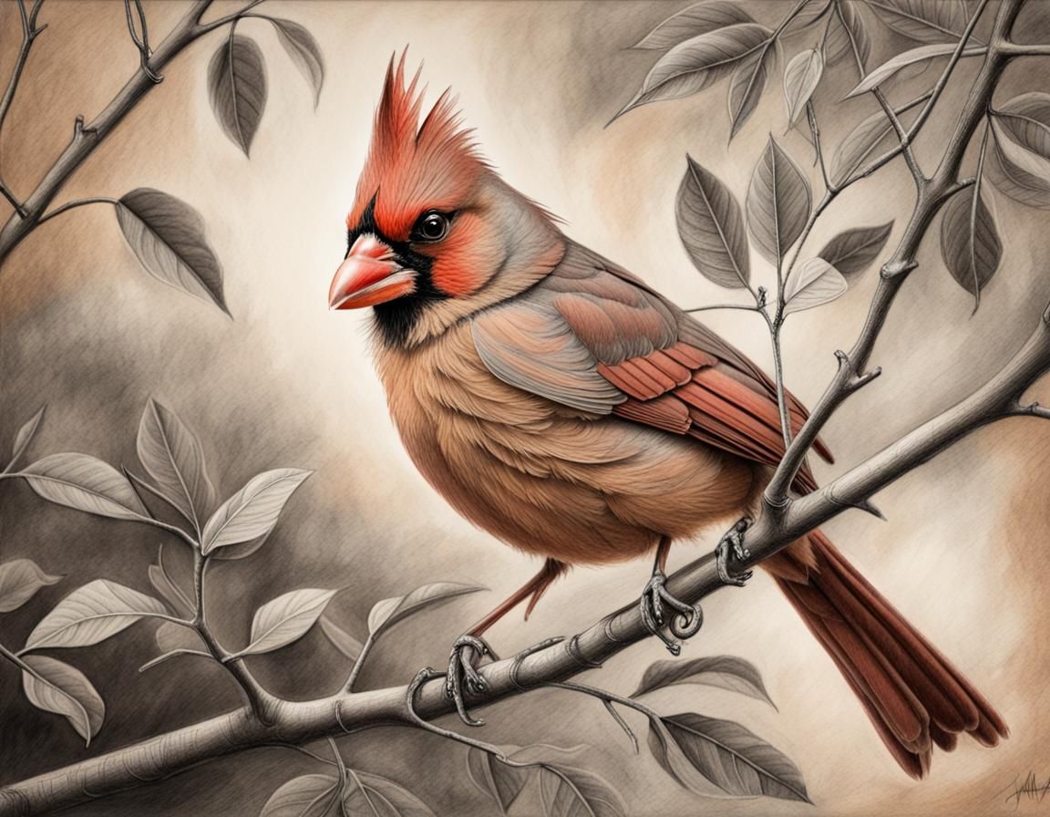 Female Cardinal Perched, Detailed Pencil Drawing