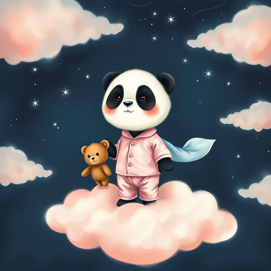 Panda in Pink Pajamas on Cloud in Dreamy Night Sky