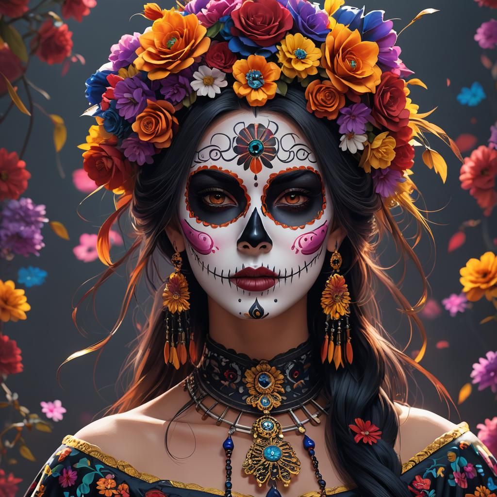 Woman with Día de los Muertos Face Paint in 3D Anime Art