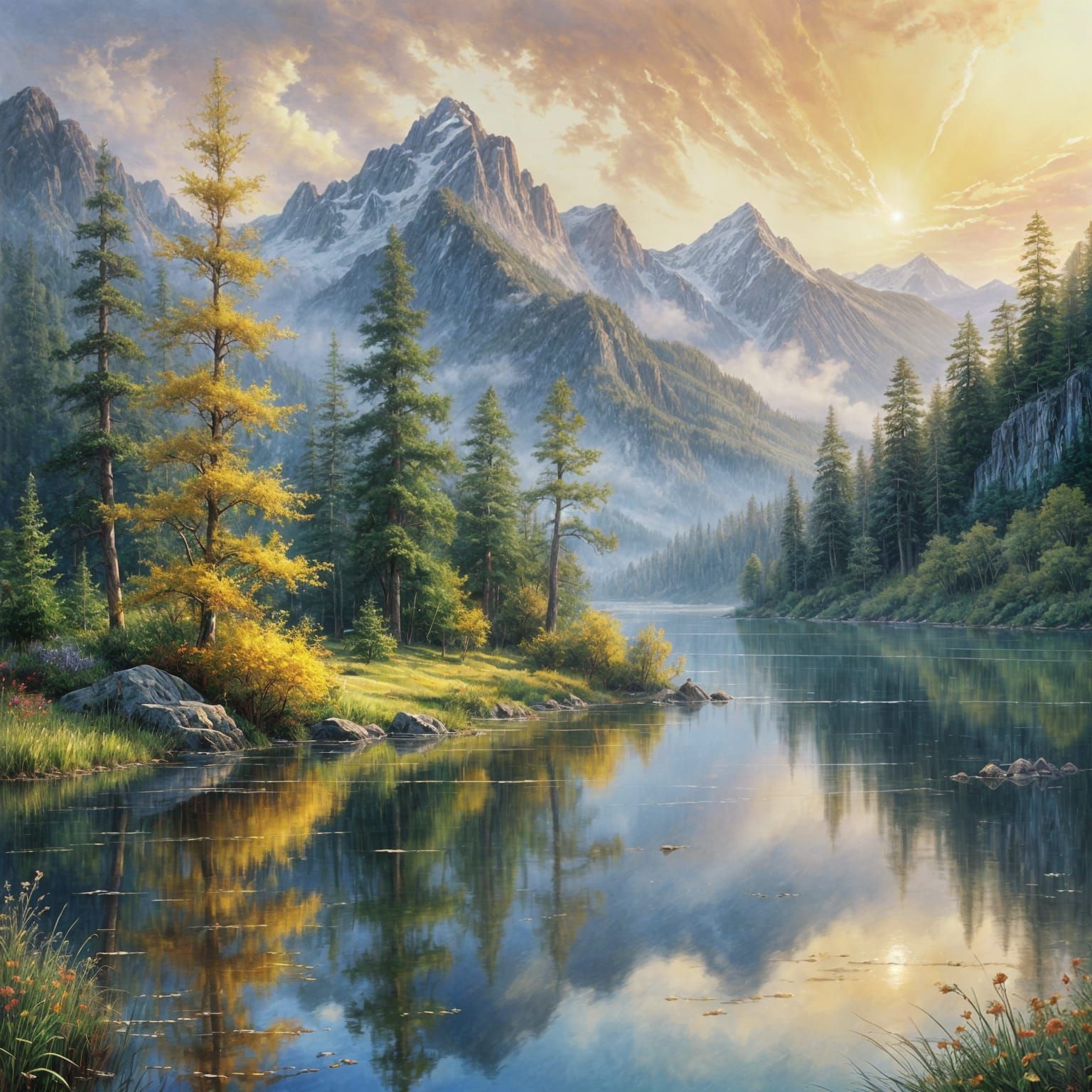 Serenic Blue Gold Landscape in Ethereal Impressionist Style