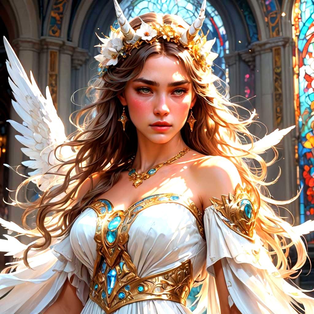 Angelic Woman with Unicorn Accessories: Digital Portrait