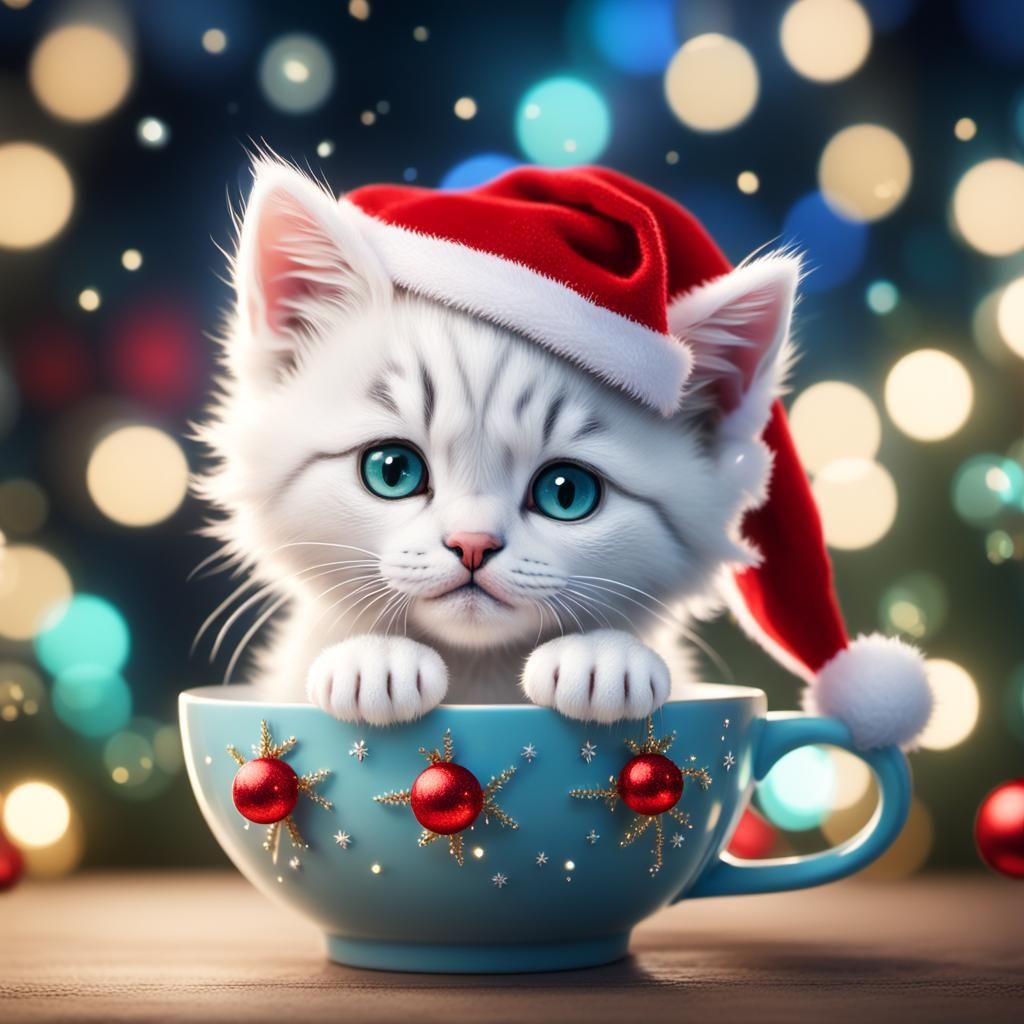 Whimsical White Kitten in a Teacup, Surrounded by Vibrant Bo...