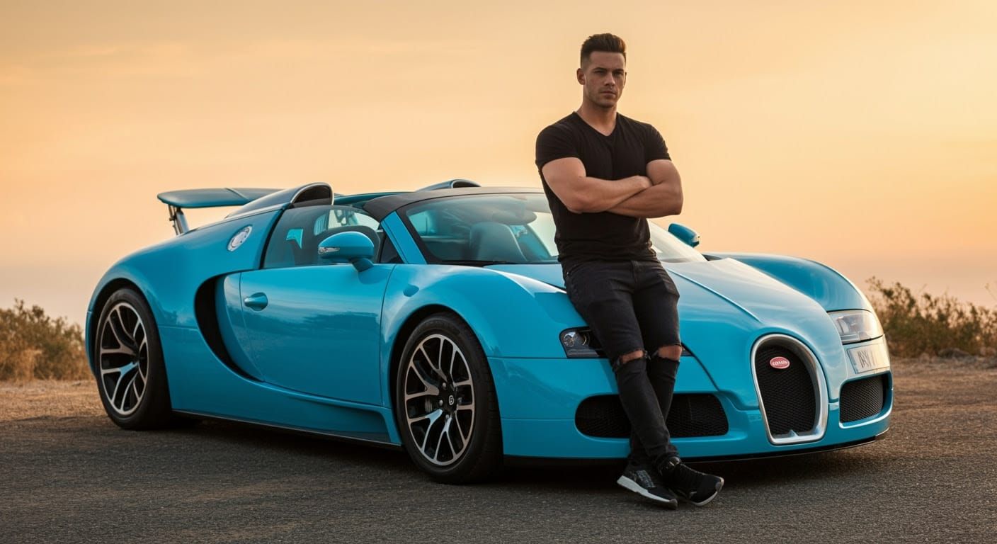 Electric Blue Bugatti Veyron 16.4 Super Car at Sunset