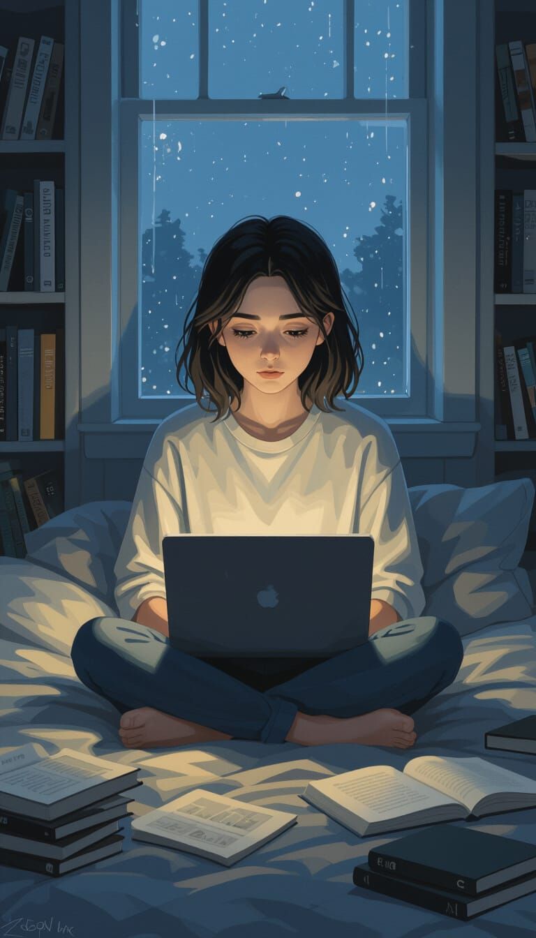 Contemplative Teenager in Dimly Lit Room: Digital Illustrati...