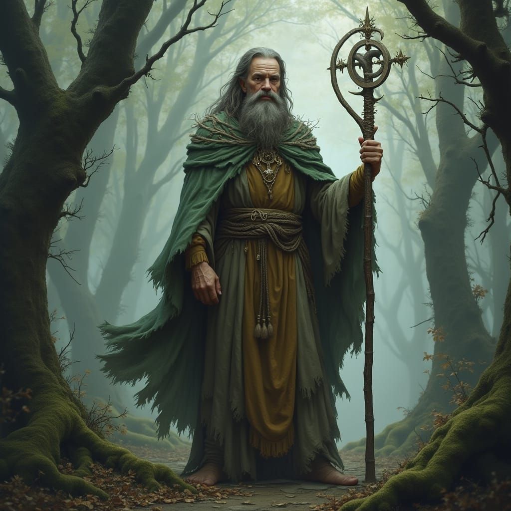Mystical Druid in Earthy Robes Stands in a Gnarled Forest