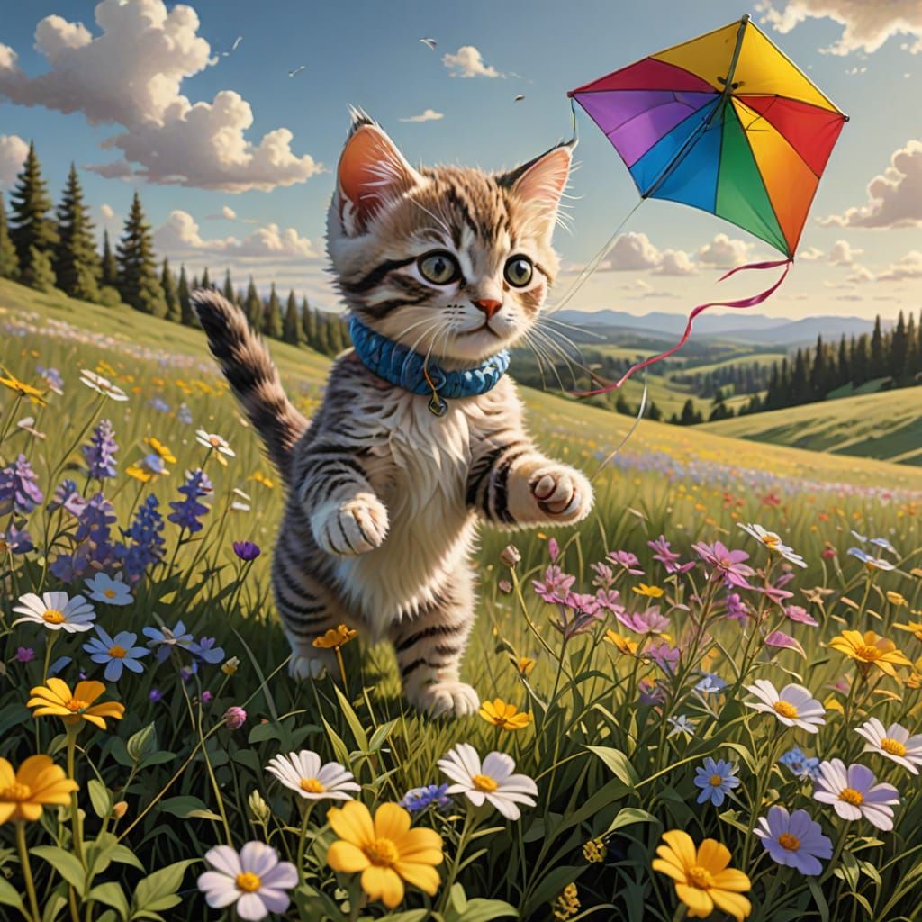 Hyper-Realistic Kitten Flying a Rainbow Kite in a Field of W...