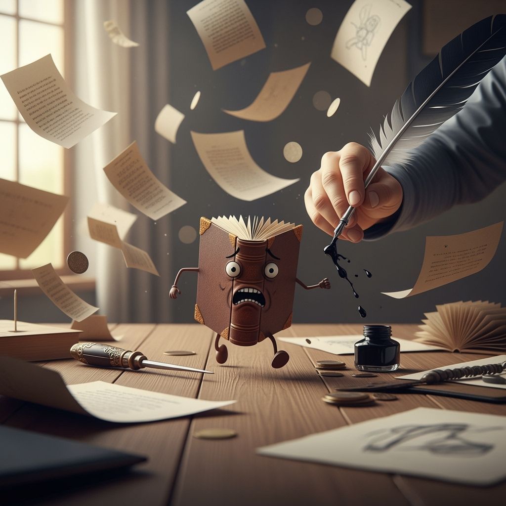 Surreal Photo: Frightened Book Flees Ink-Dripping Quill Pen