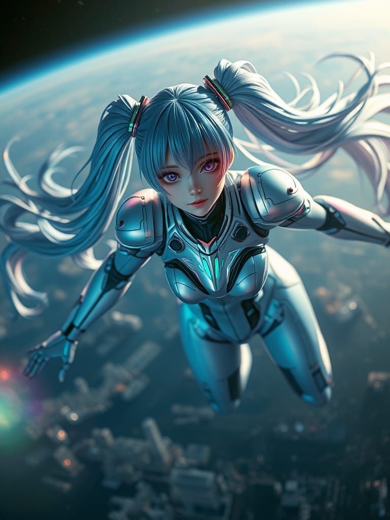 Iridescent Mecha Woman Floating in Space