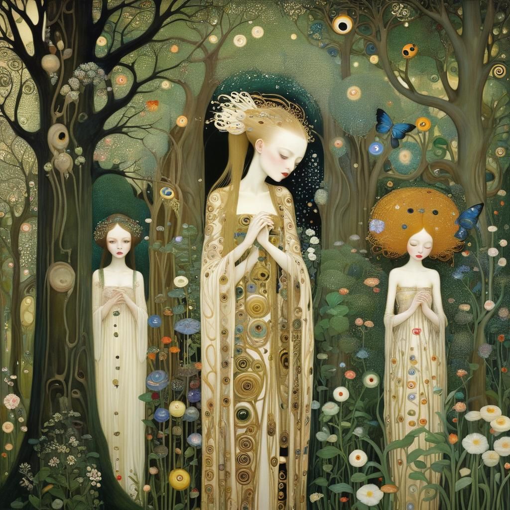 Vibrant Enchanted Garden Scene in Art Nouveau Style