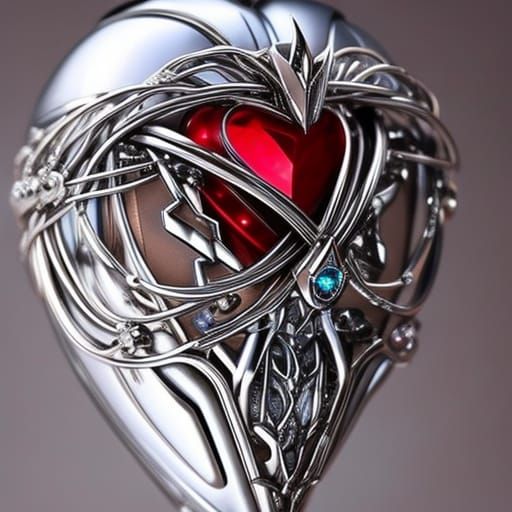 Cyborg Heart Fantasy Art with Ruby Jewelry