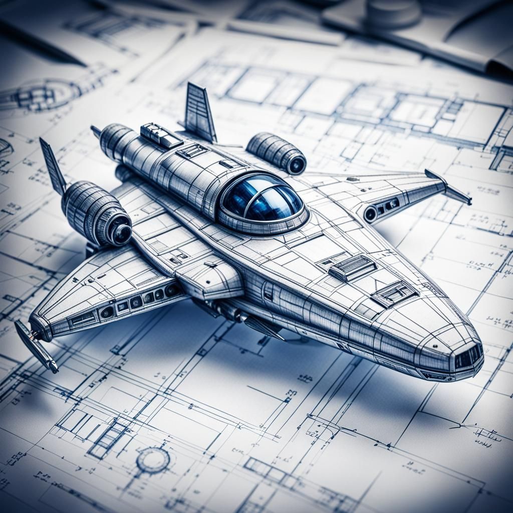 Retro 1950s Spaceship Sketch on Blueprints