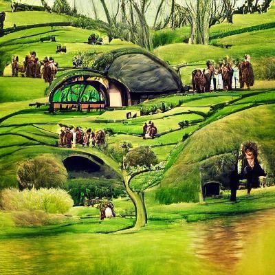 Picturesque Hobbit Village in Rolling Green Hills