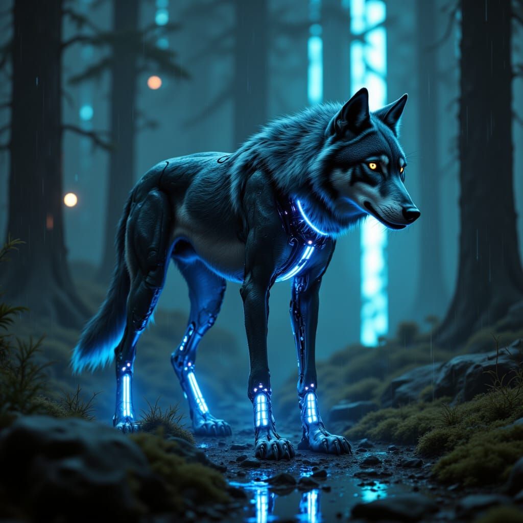 Cybernetic Wolf in Futuristic Neon Forest