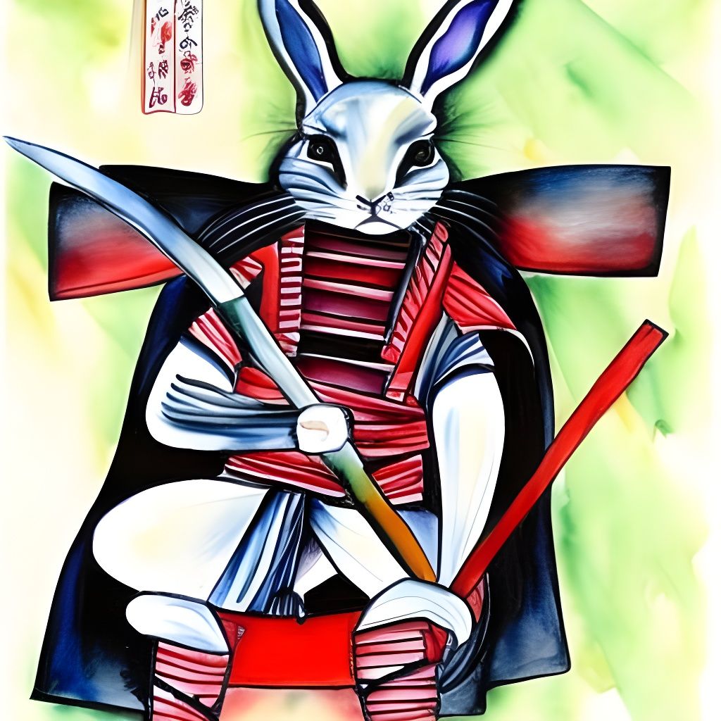 Rabbit Samurai in Colorful Armor, Watercolor Style
