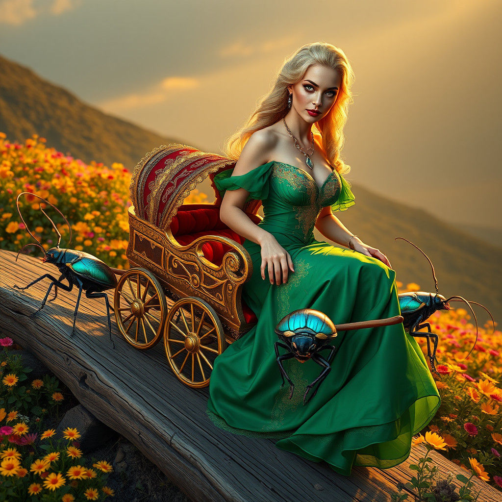 Emerald Queen's Cockroach Ride: Hyperrealistic Fairytale Sce...