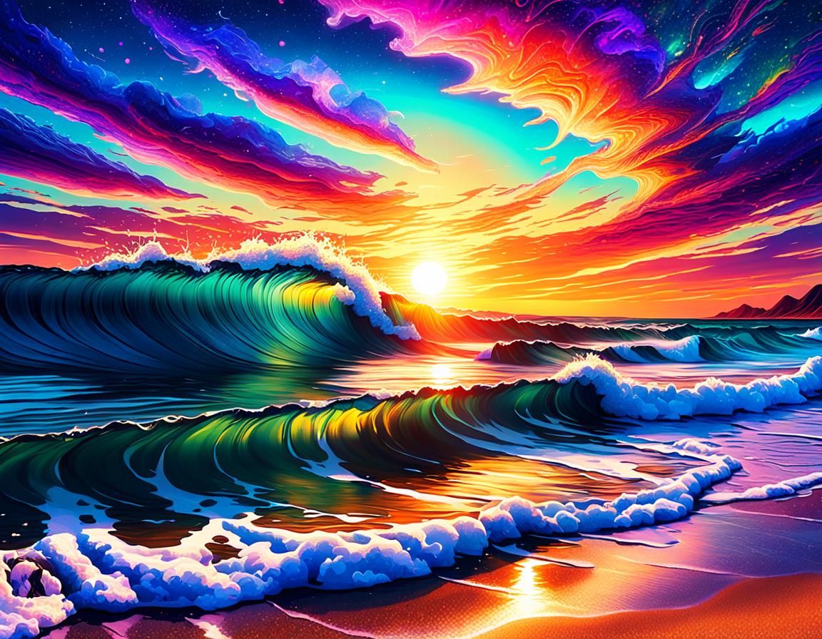 Sunset on the beach, with small waves in the sea 8k resolution holographic astral cosmic illustration mixed media by Pab...
