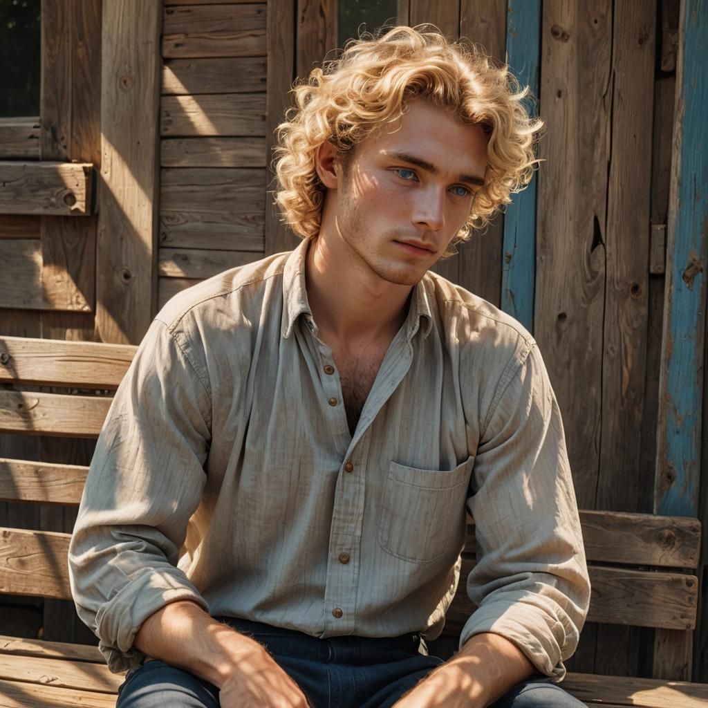 Young Man in Babushka Dress on Porch