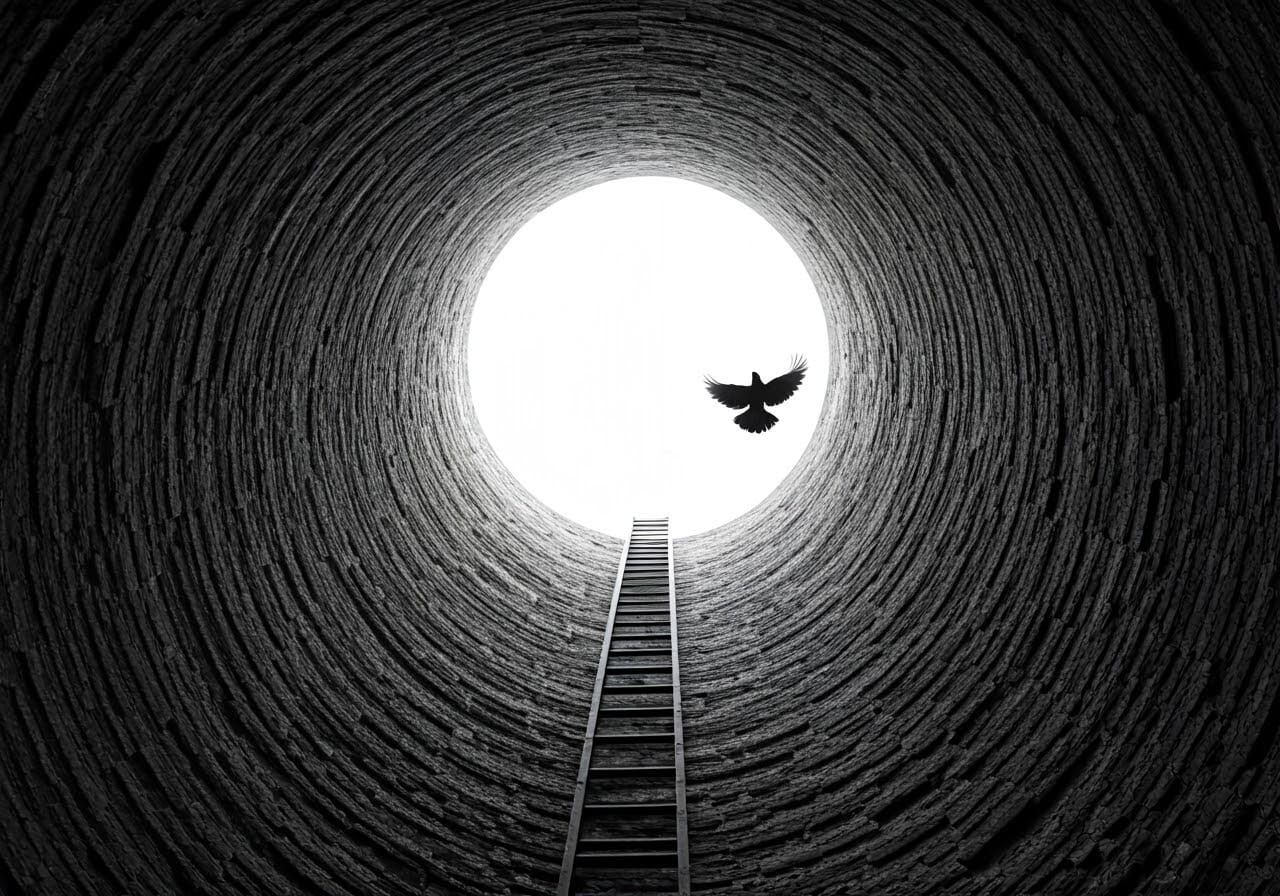 Mysterious Well Scene in Dramatic Black and White