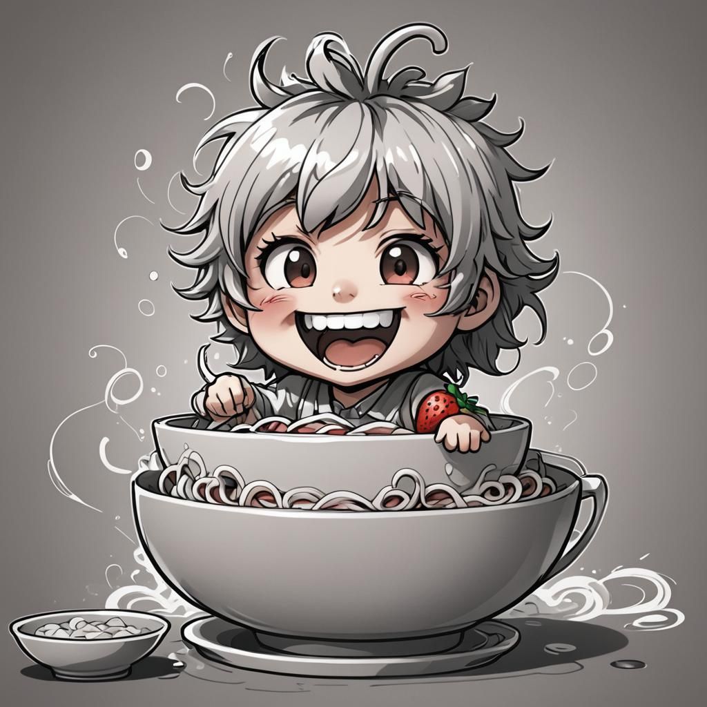 Chibi Strawberry Slurping Noodles: Anime Line Art
