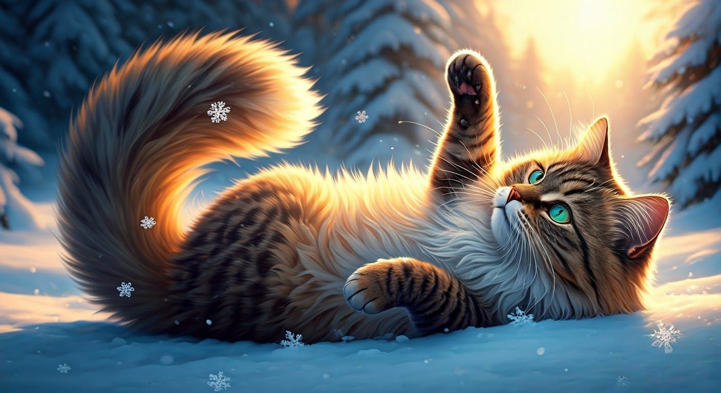 Cat Rolls in Snow: Hyperrealistic Winter Scene