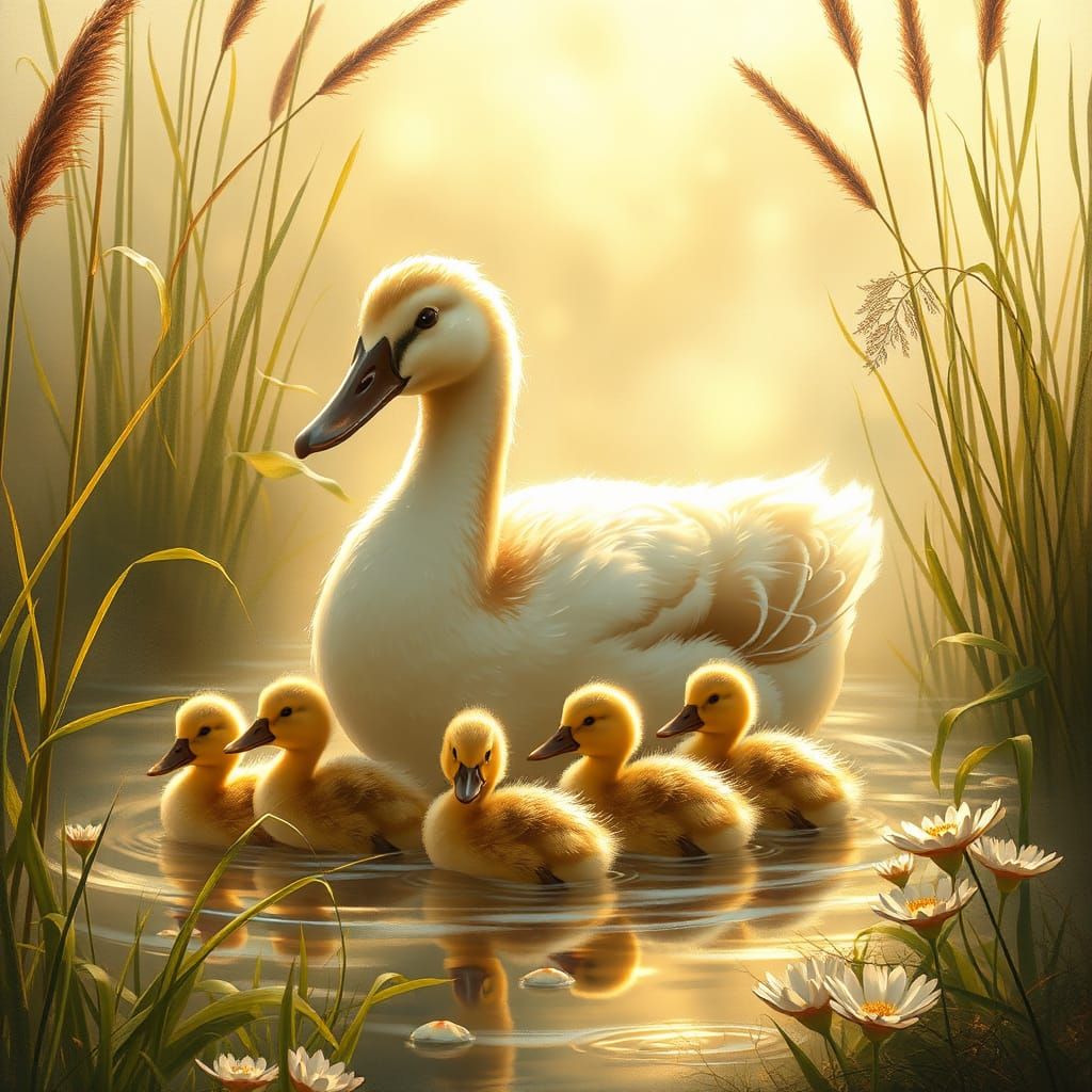 Mother Duck Leads Her Quacking Brood Through a Misty Marsh