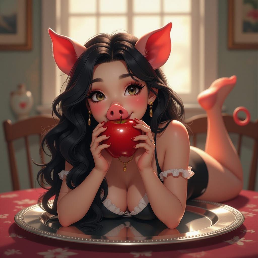 Anthropomorphic Pig Woman with Apple in Cinematic Lighting