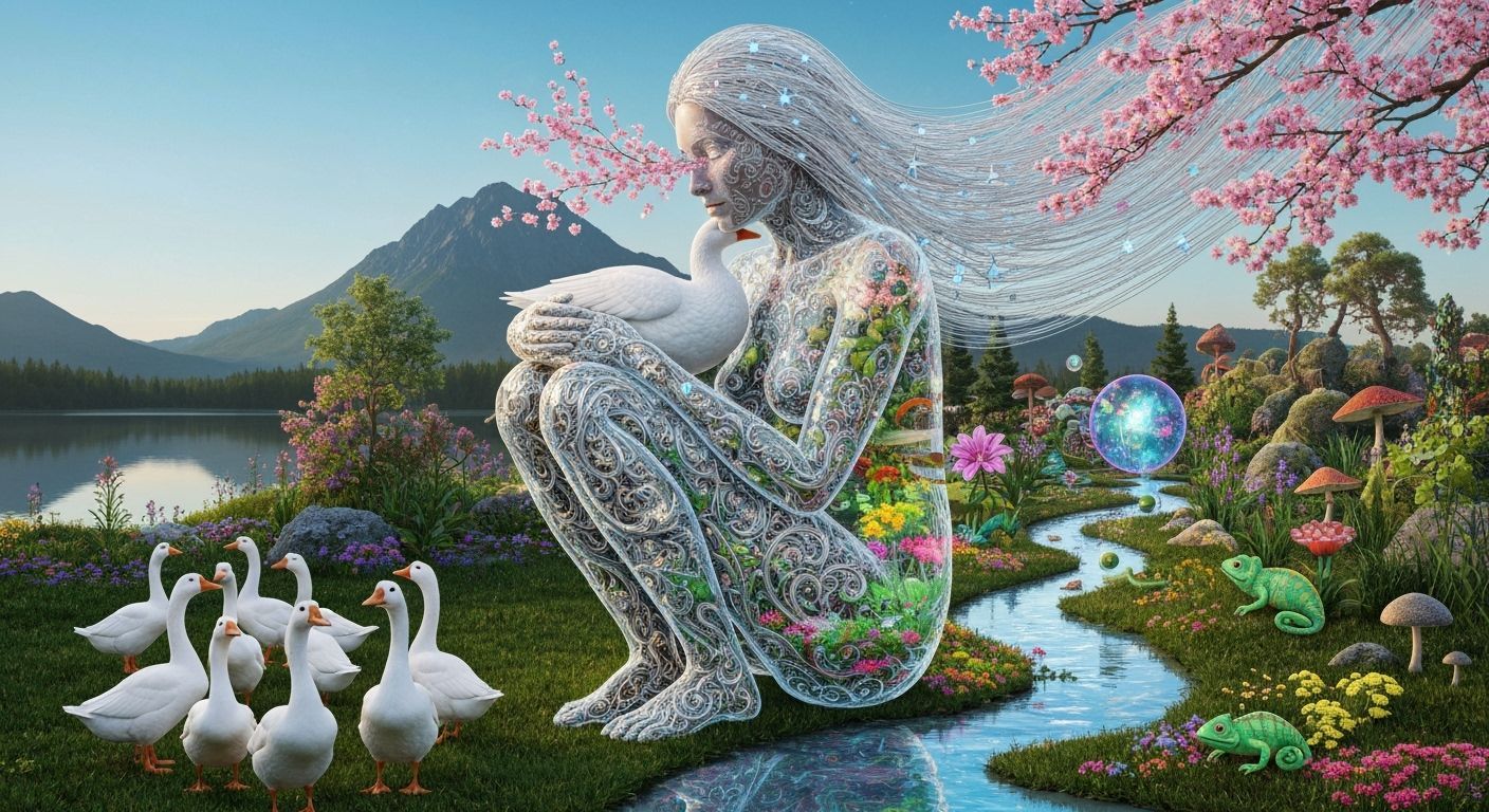 Surreal Fragmented Sculpture of a Woman with Stars and Biolu...