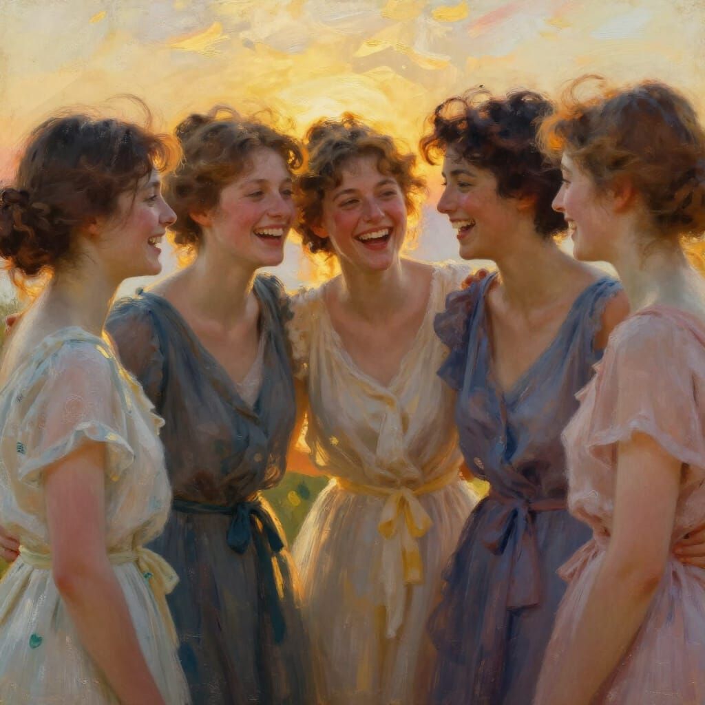 Diverse Women Laughing in Ethereal Sunset Glow