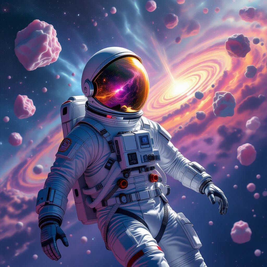 Astronaut Reflects Sherbet Nebula in Cosmic Sci-Fi Art