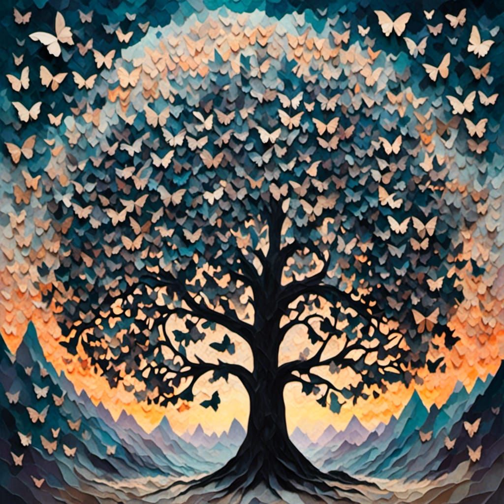 World Tree Silhouette with Butterfly Leaves