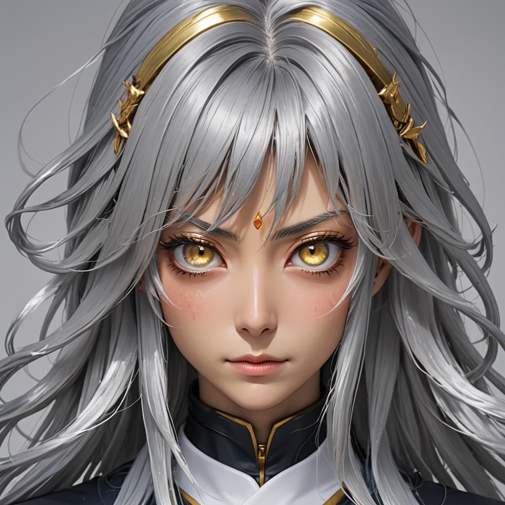 Divine Beauty: Japanese Woman with Silver Hair and Golden Ey...