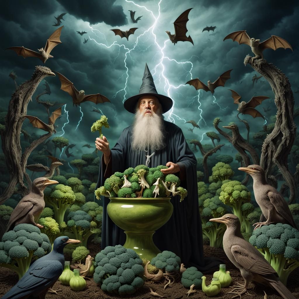 Surreal Wizard in Broccoli Forest at Night