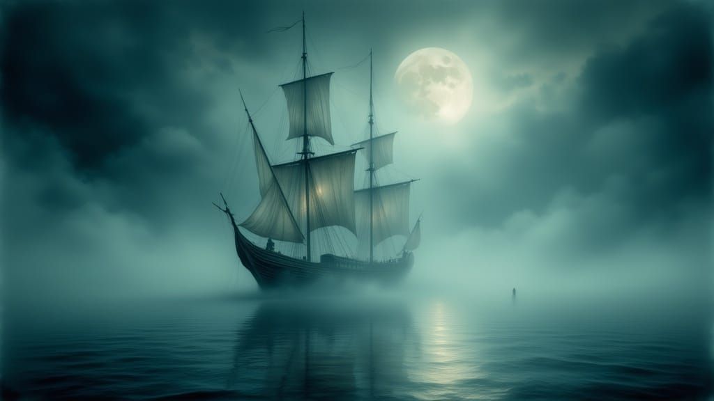 Ethereal Ghost Ship on Misty Moonlit Ocean