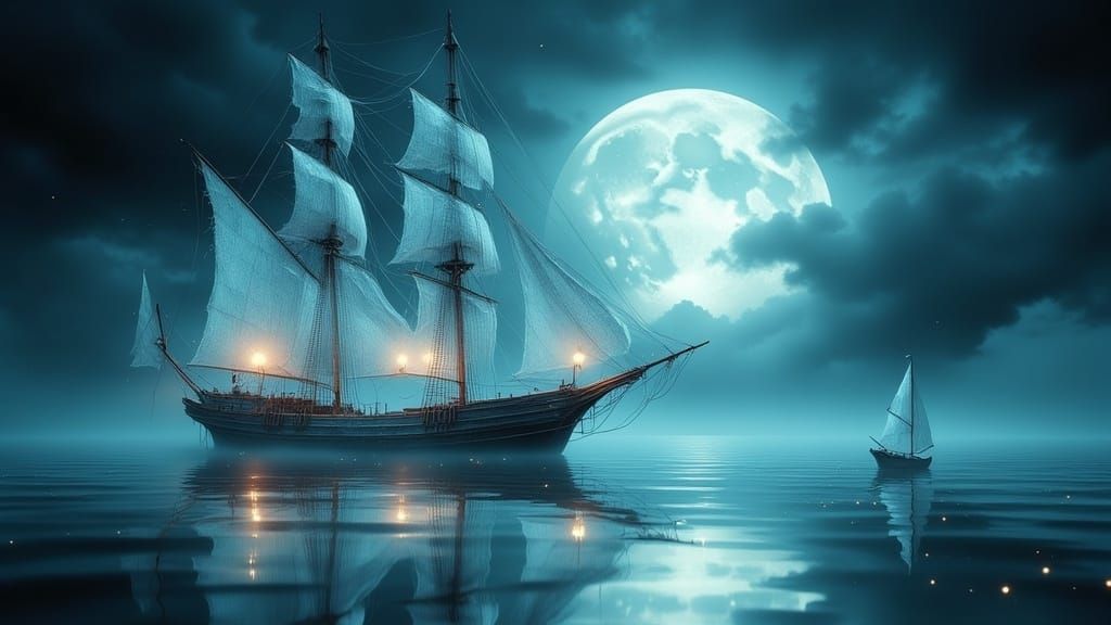 Ethereal Ghost Ship on Moonlit Sea in Watercolor