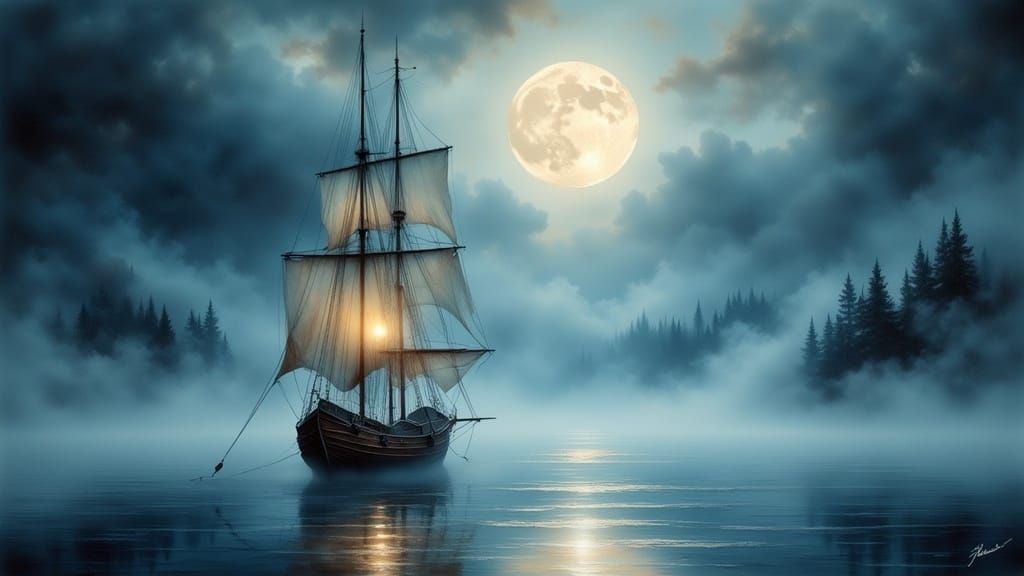 Ghostly Ship on Moonlit Sea in Antique Watercolor Style